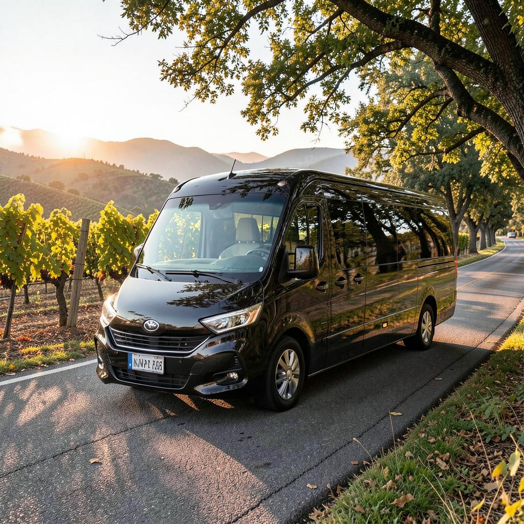 Private mini-coach parked on a tree-lined road beside Napa Valley vineyards in morning light