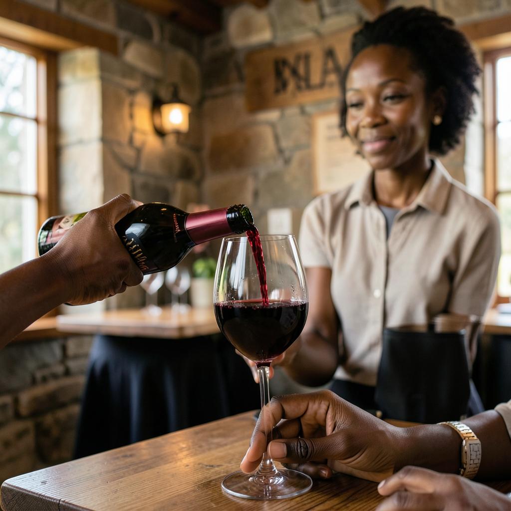 Red wine being poured in a warm stone-and-wood tasting room at a Black-owned Napa estate winery
