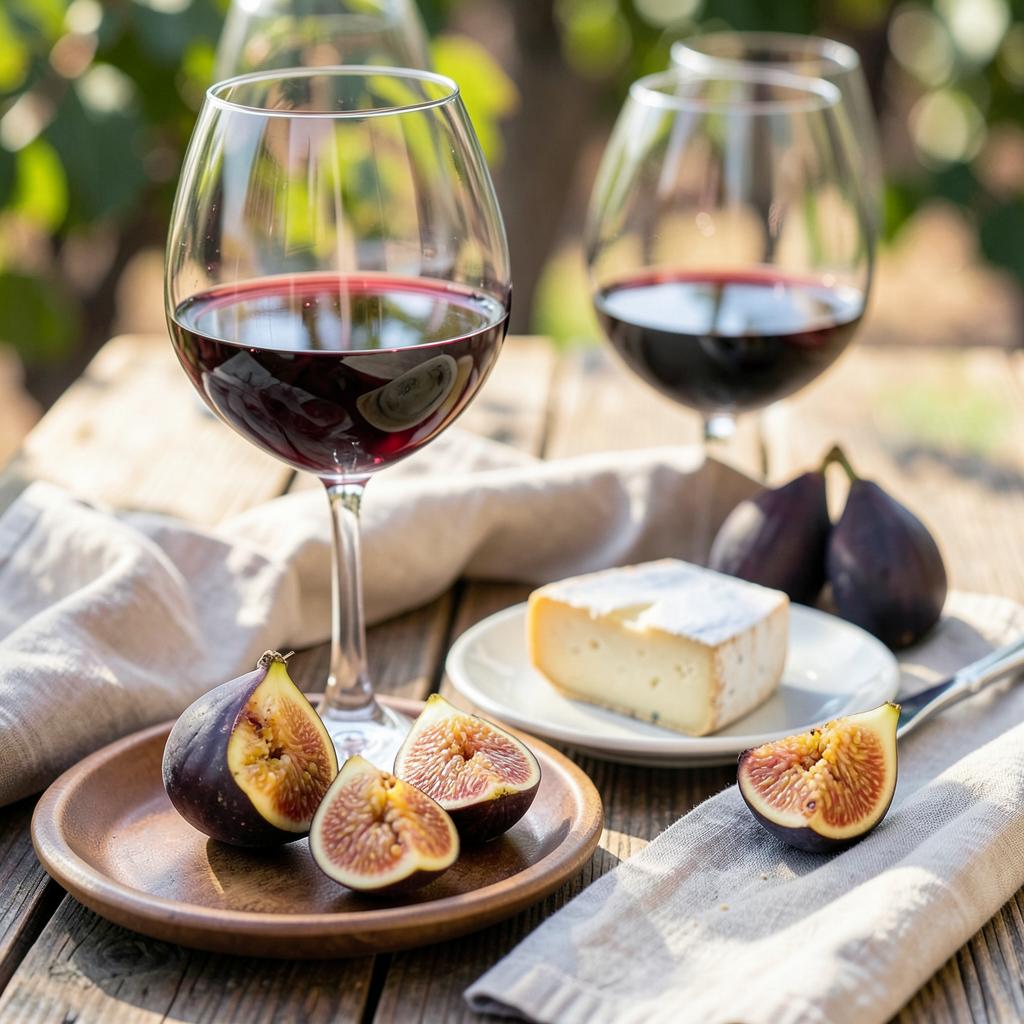 Close-up of red wine glasses, cheese, figs and linen on a rustic table in soft daylight