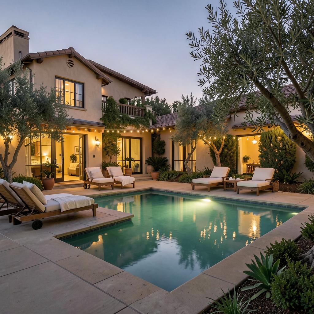 Warm-toned Napa Valley resort at dusk with a lit pool, linen loungers and olive trees