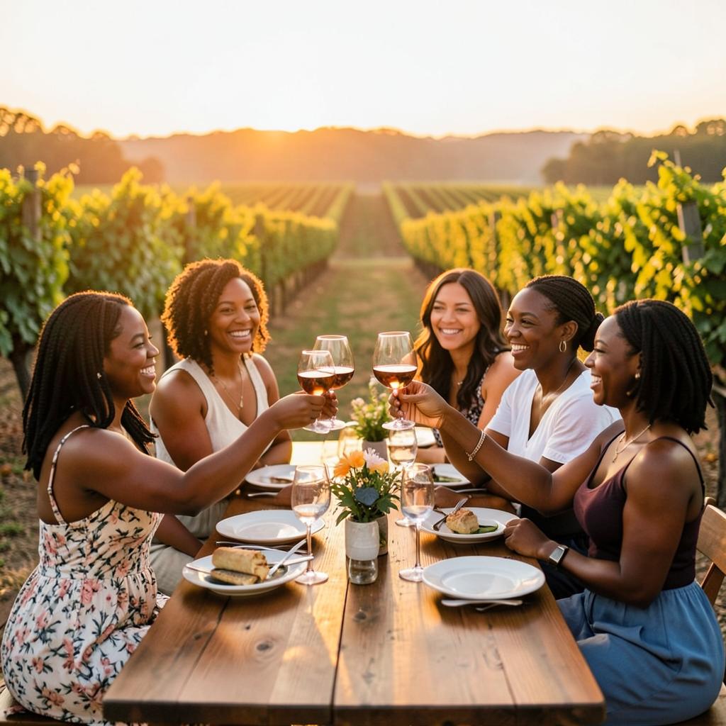 Six Black women raising wine glasses in a toast at a long outdoor table in a Napa vineyard at sunset