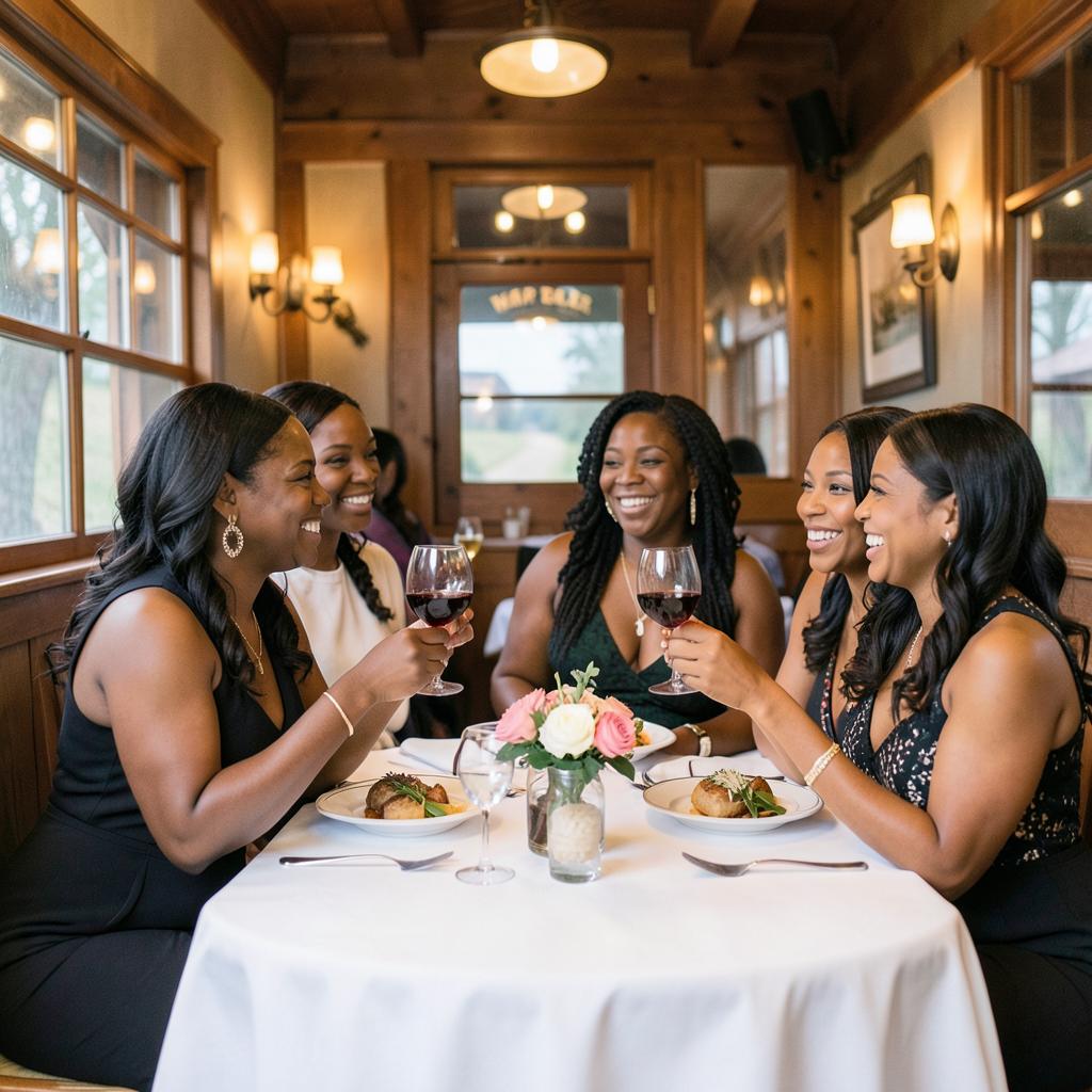 Elegantly dressed Black women dining at a white-linen table inside the Napa Valley Wine Train
